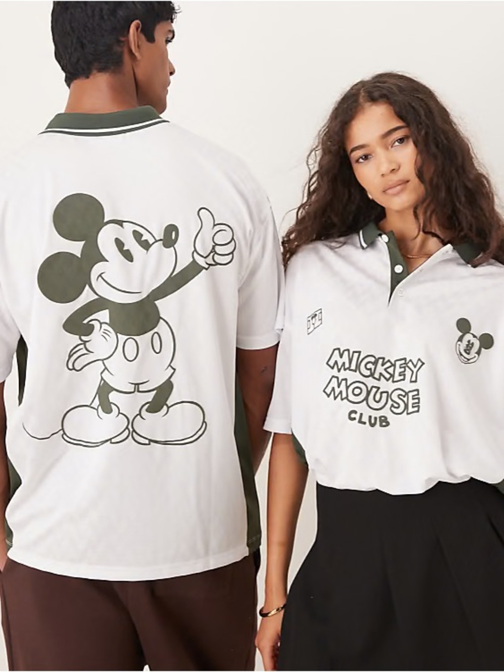 ASOS White and Olive Green Mickey Mouse Club Polo Sz S Unisex
